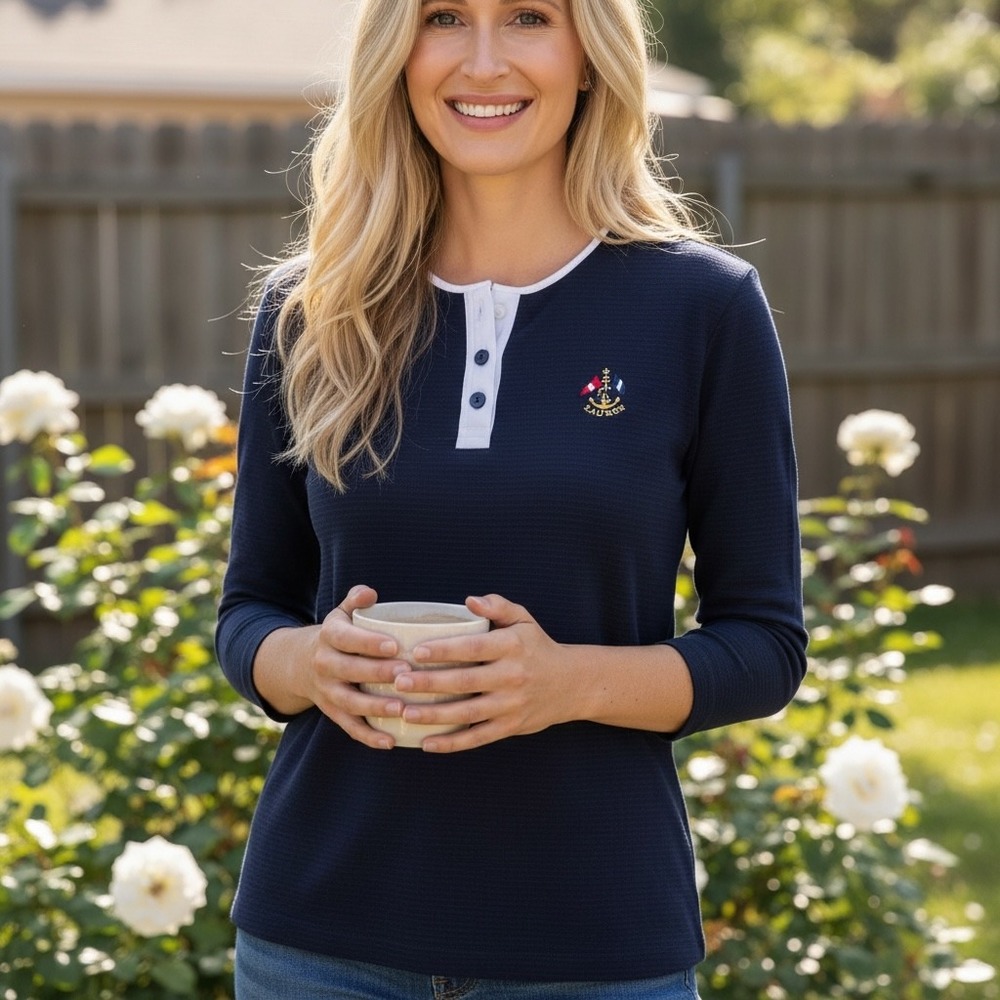 Lauren Ralph Lauren Petite Navy Blue Thermal Henley Nautical Crest Top P/P